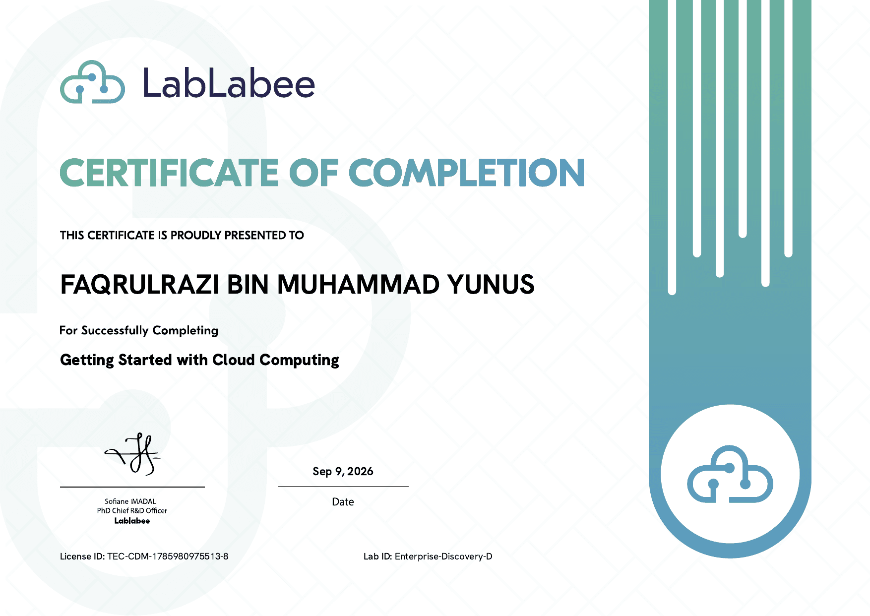 Getting Started with Cloud Computing certificate awarded to Faqrulrazi Bin Muhammad Yunus